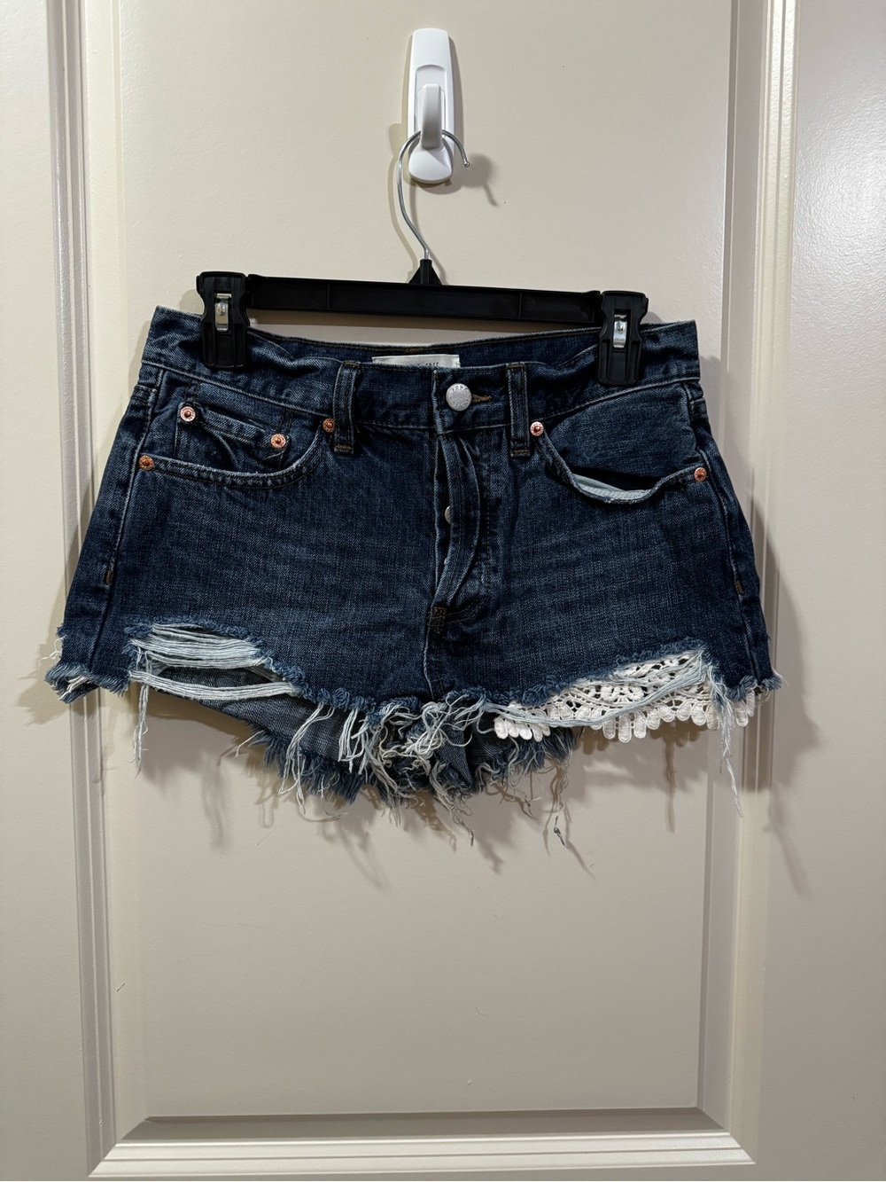Free People We The Free Dark Blue Distressed Denim Shorts with White Lace Trim
